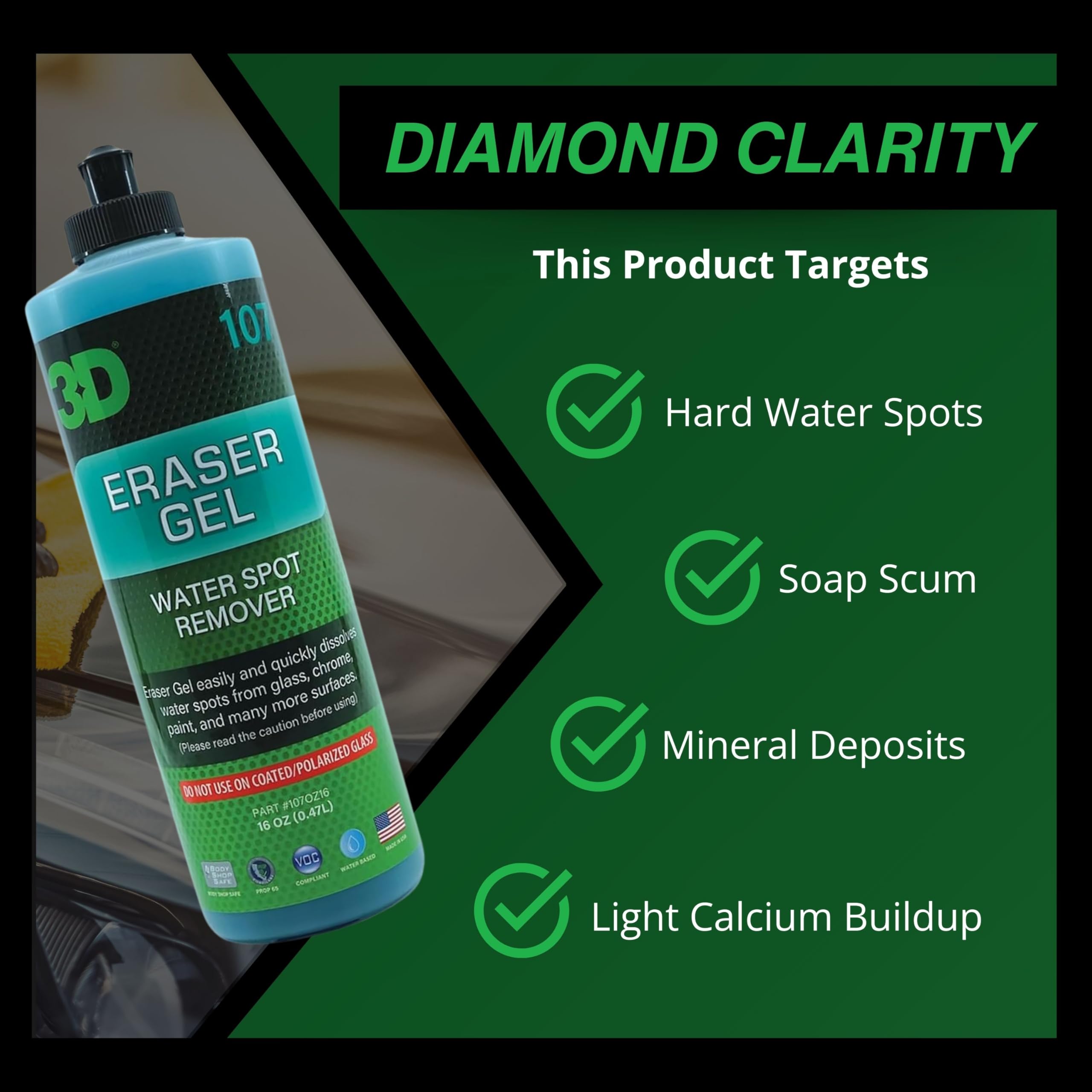 3D Eraser Gel Water Spot Remover – Acidic Gel Formula for Hard Water Spots & Mineral Deposits – Safe for Paint, Glass, Chrome, Plastic & Metal - 16 oz - Image 3