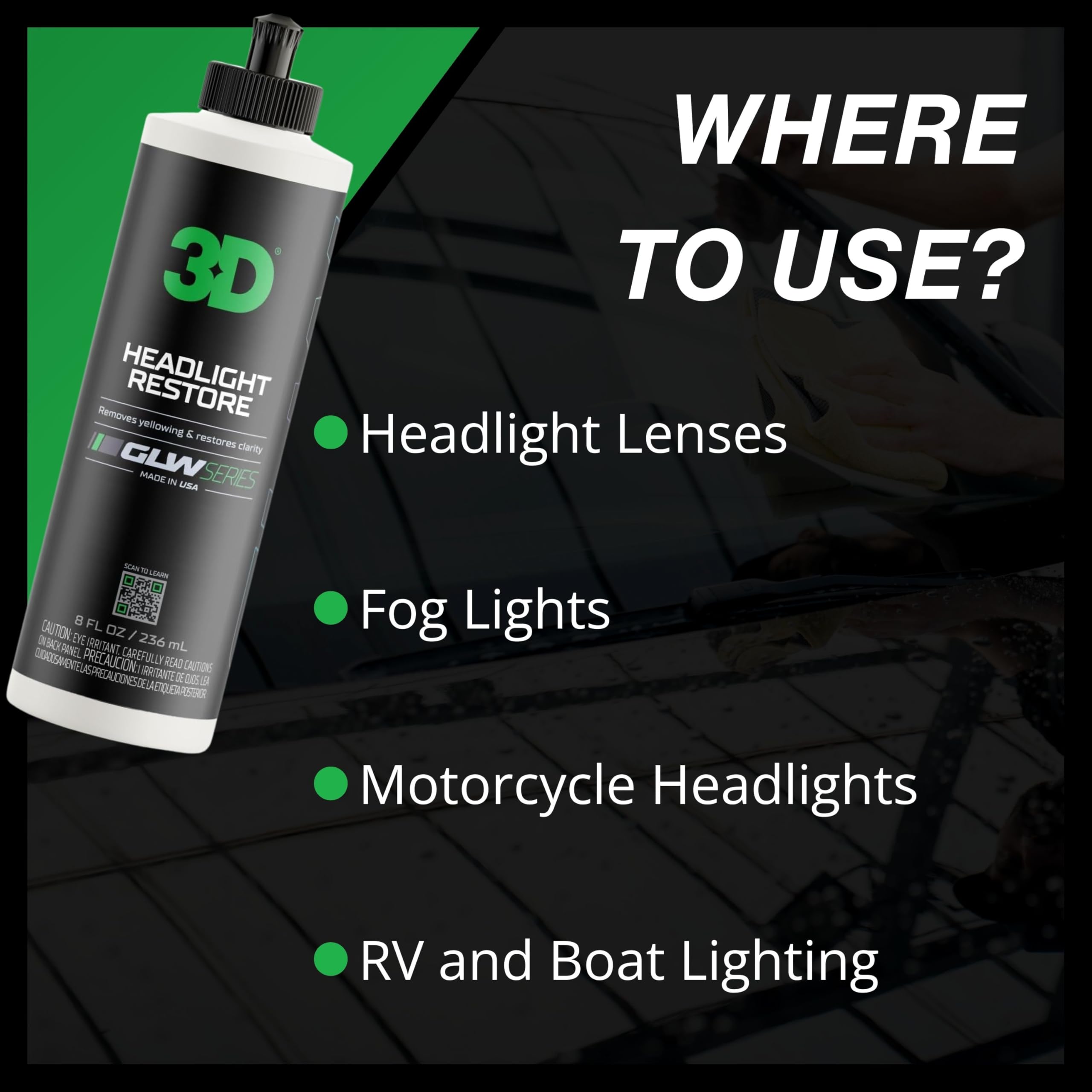3D GLW Series Headlight Restore – 2-Step Kit Removes Oxidation, Scratches & Yellowing | UV Protection for Clear Headlights & Safer Driving | Made in USA - 8 oz - Image 6