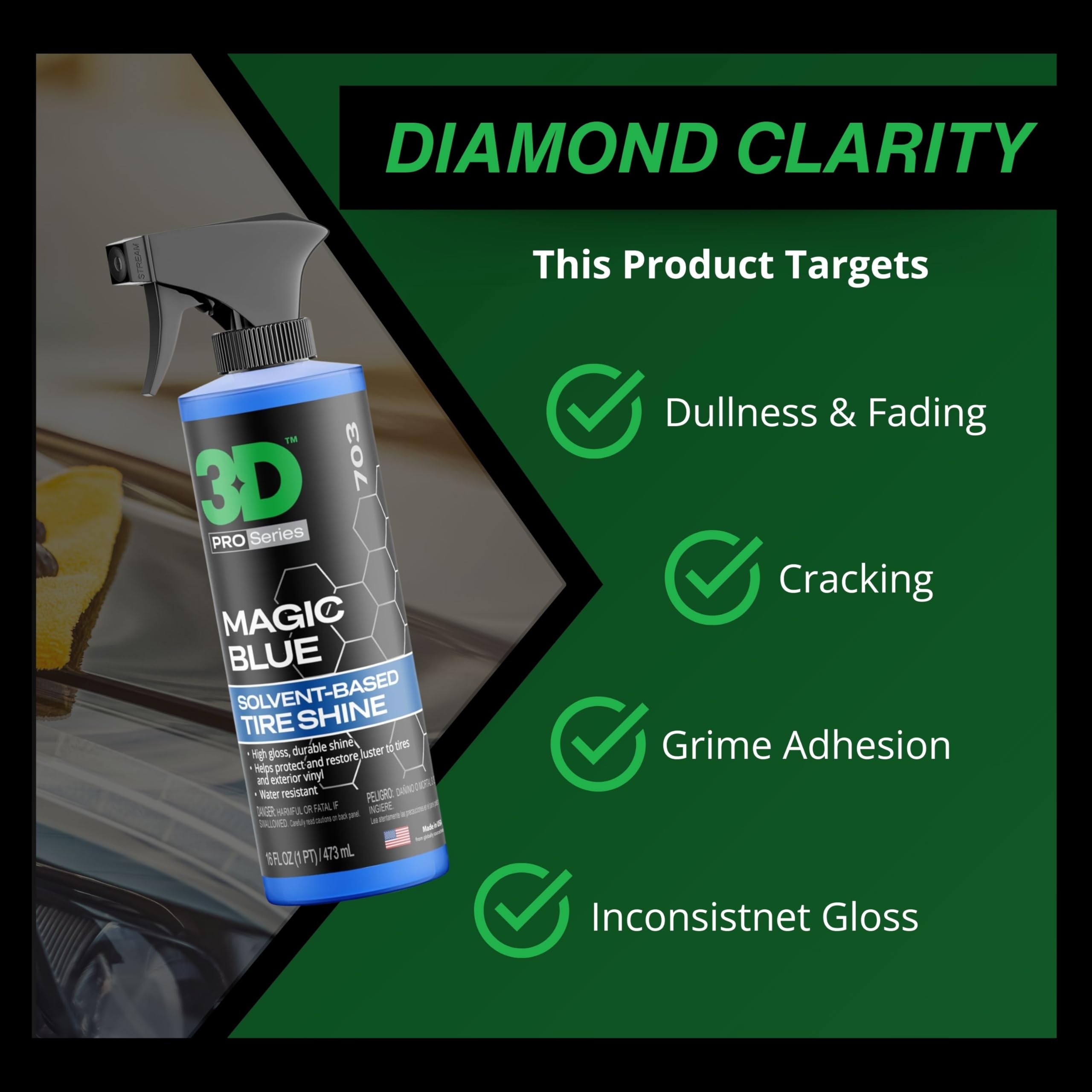 3D Magic Blue Tire Shine Spray - Water Resistant High Gloss Tire & Trim Dressing | Long Lasting Protection | No Sling, No Run Formula | Made in USA |16 oz - Image 8
