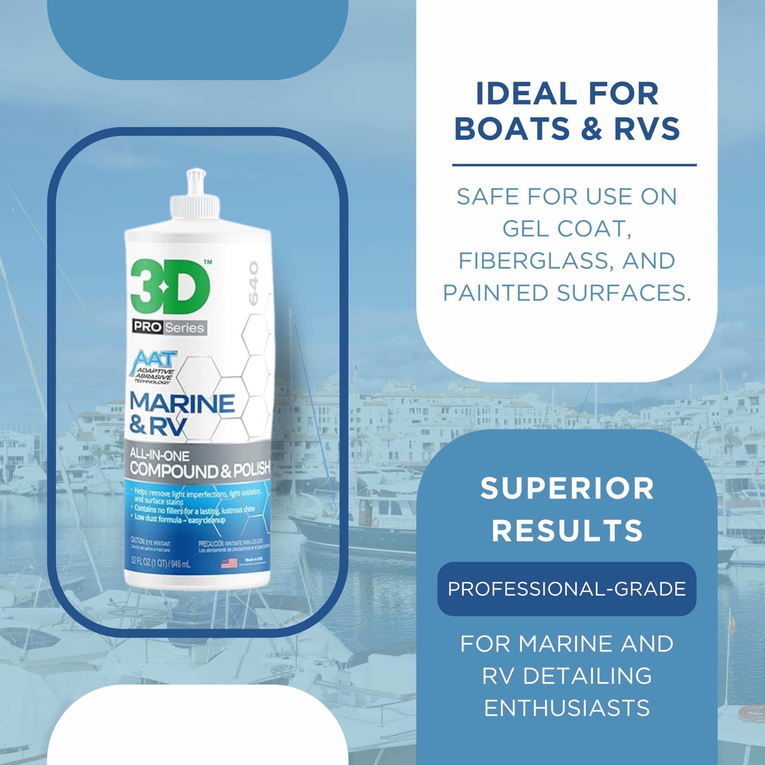 3D Marine & RV All-in-One Gel-Coat Compound & Polish – Removes Oxidation, Swirls, & P2000 Scratches, Deep Shine Wax Protection, No Fillers, 32oz - Image 7