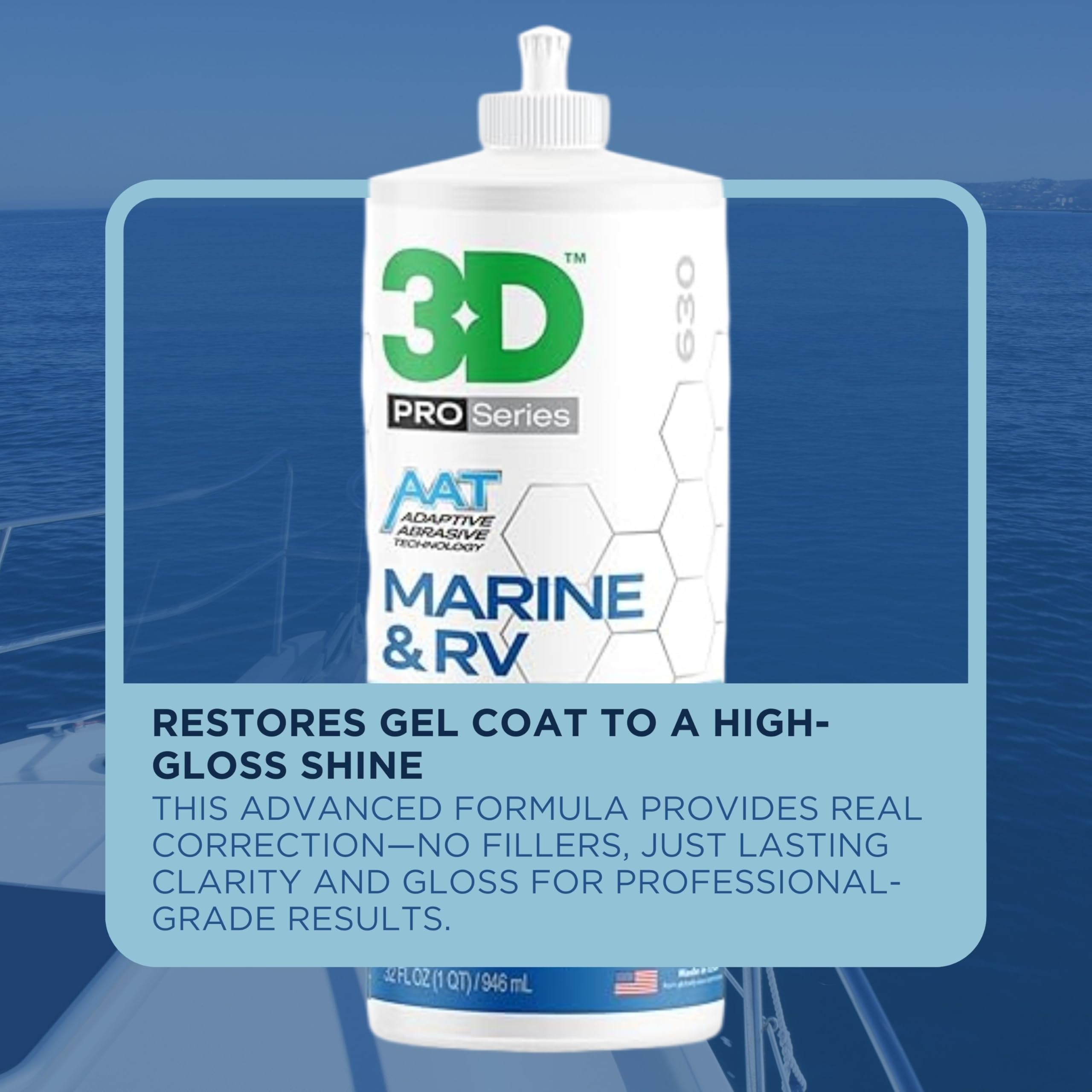 3D Marine & RV Finishing Polish – Removes P2000 Grit Scratches, Oxidation & Swirls, High-Gloss Gel Coat Shine, No Fillers, Low-Dust Formula, 32oz - Image 5