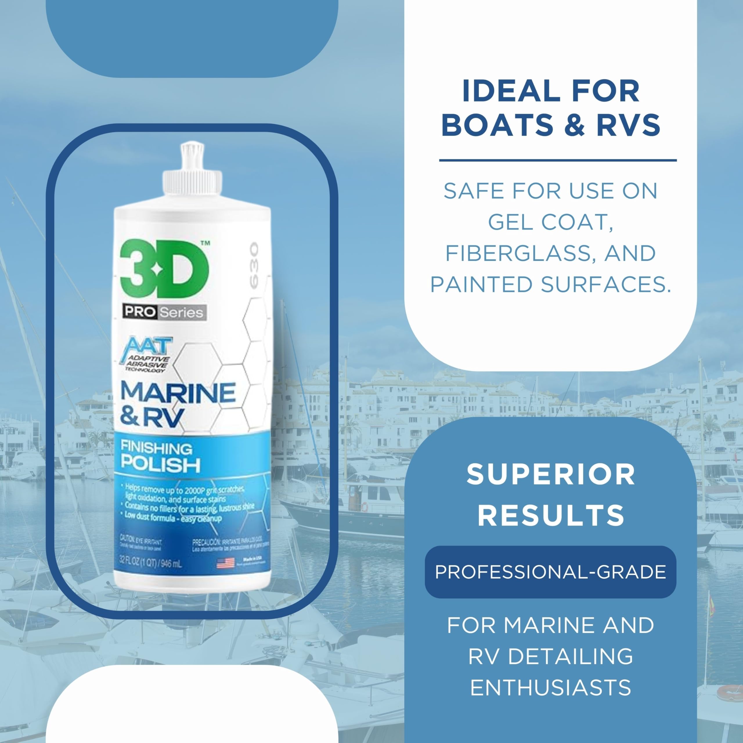 3D Marine & RV Finishing Polish – Removes P2000 Grit Scratches, Oxidation & Swirls, High-Gloss Gel Coat Shine, No Fillers, Low-Dust Formula, 32oz - Image 7