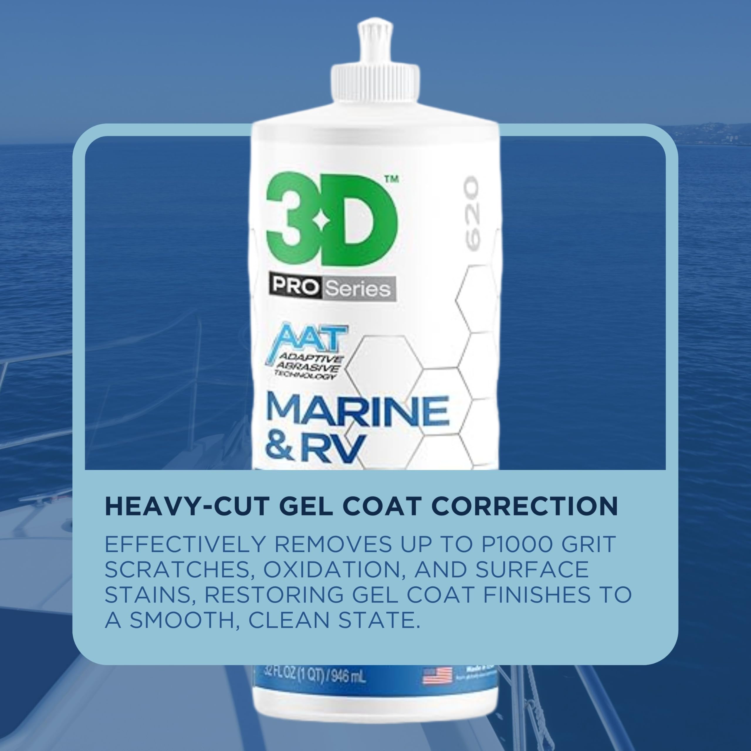3D Marine & RV Gel-Coat Cutting Compound – Removes P1000 Grit Scratches, Oxidation & Swirls, High-Cut Formula, No Fillers, Low-Dust, 32oz - Image 5