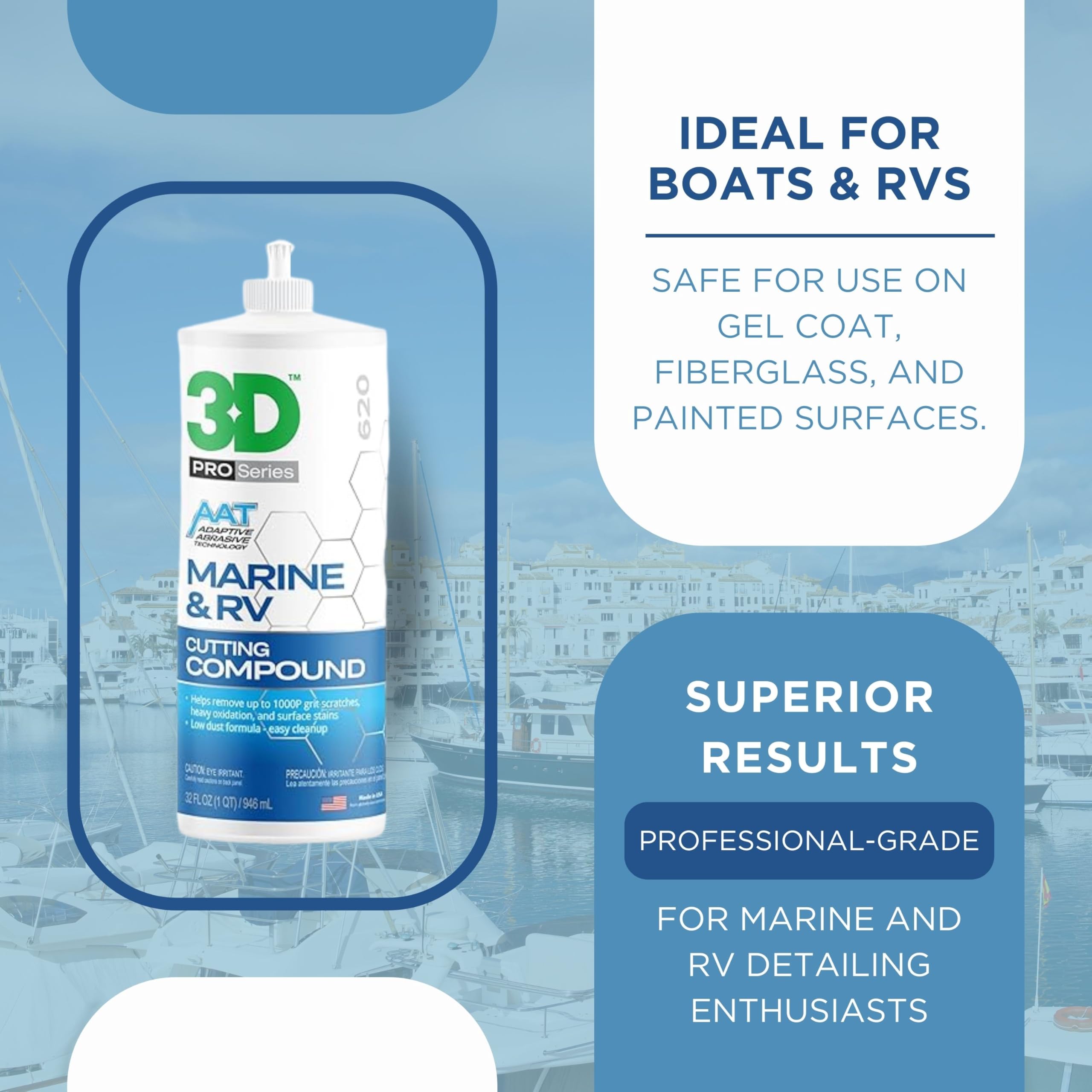 3D Marine & RV Gel-Coat Cutting Compound – Removes P1000 Grit Scratches, Oxidation & Swirls, High-Cut Formula, No Fillers, Low-Dust, 32oz - Image 7