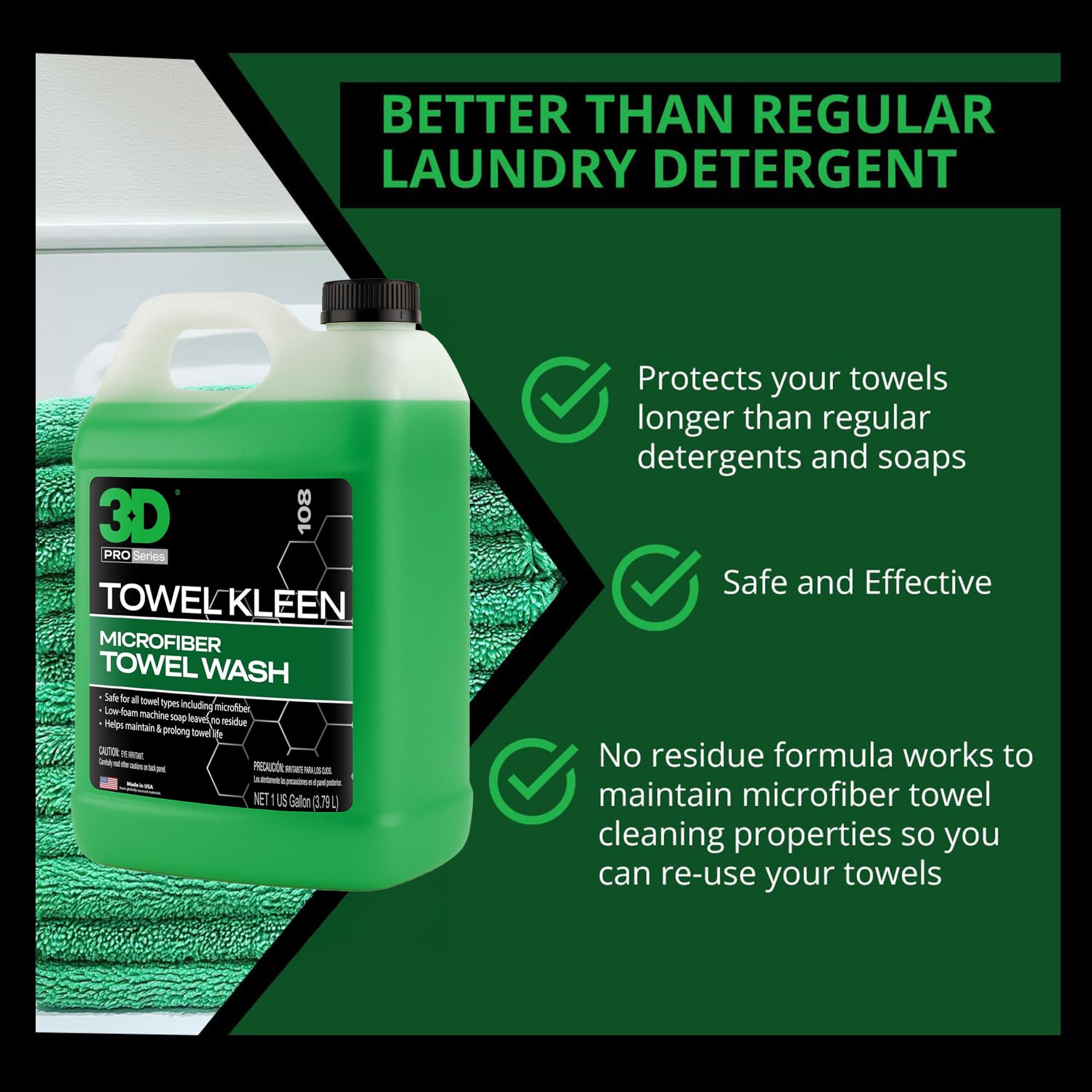 3D Towel Kleen Concentrated Microfiber Detergent - Deep Cleans, Restores & Maintains Car Wash Towel Life - Low Foam, No Residue Premium Laundry Soap 1 Gallon - Image 3