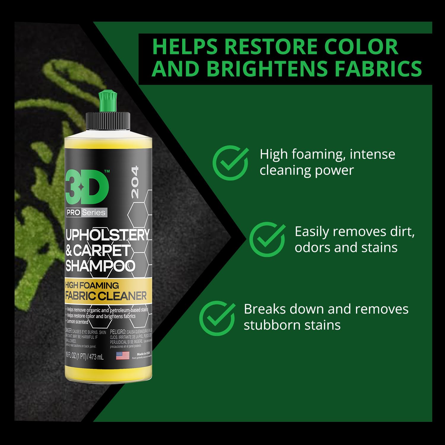 3D Upholstery & Carpet Shampoo - High Foam Stain Remover & Odor Eliminator Shampoo 16oz. - Image 3